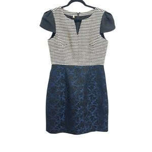 Anthropologie 4c Sheath Dress Cap Sleeve Elegant Mixed Media Blue Black Tweed 10